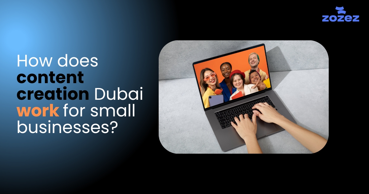 Small business owner in Dubai reviewing content marketing analytics on laptop with ZOZEZ team