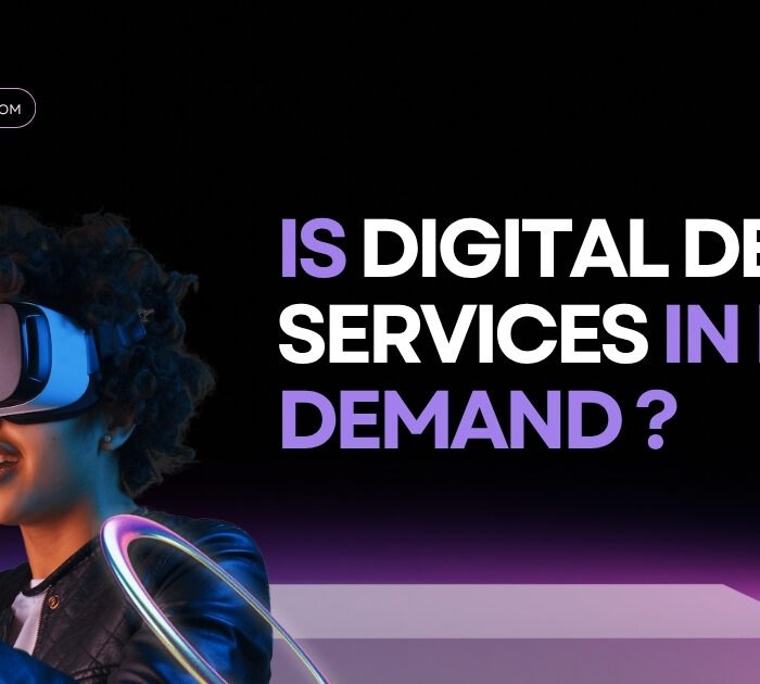 A person wearing a VR headset, gesturing as if interacting with digital elements, alongside text questioning the demand for digital design services.