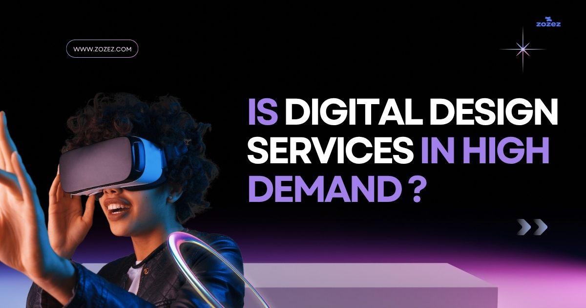 A person wearing a VR headset, gesturing as if interacting with digital elements, alongside text questioning the demand for digital design services.