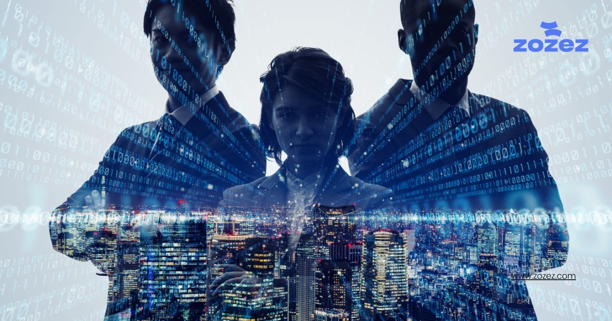 Three silhouetted figures in suits stand against a futuristic city skyline, layered with binary code, representing technology and mystery. digital design services