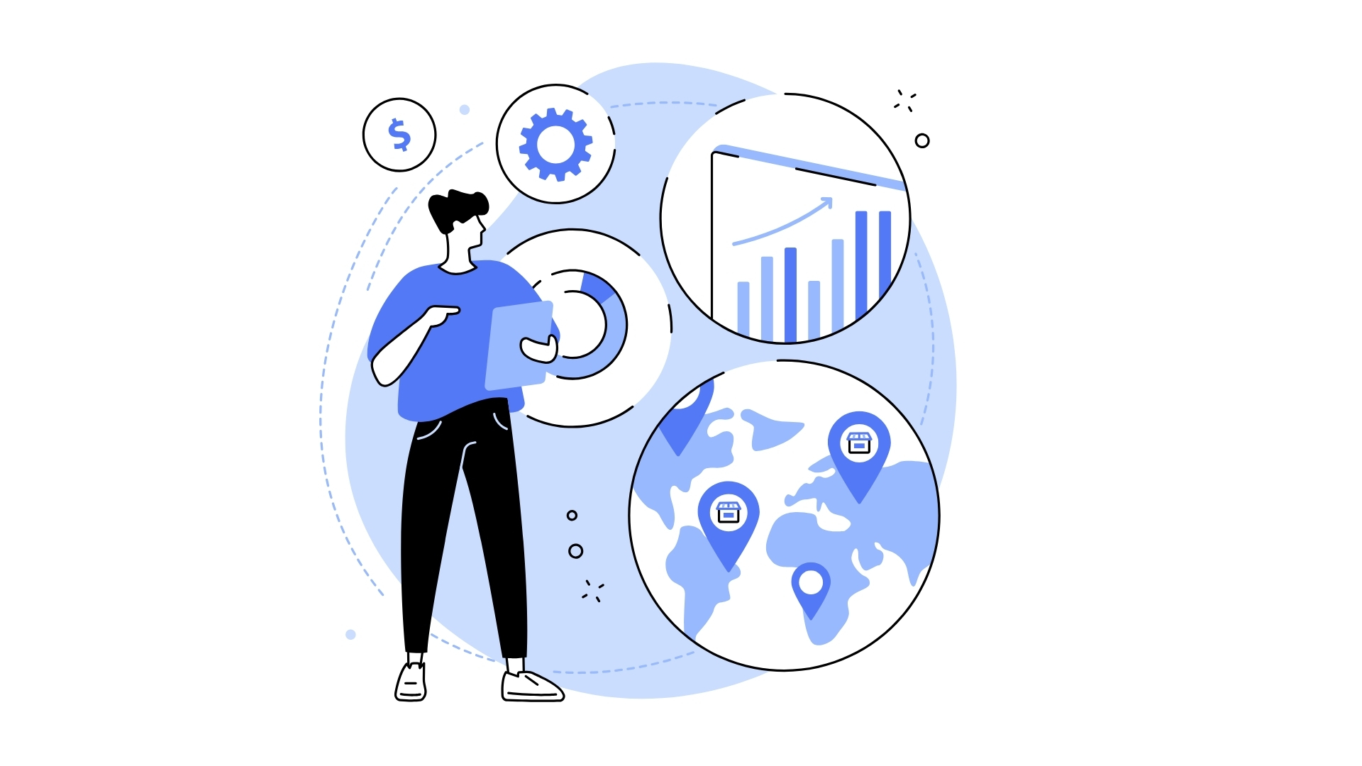 A person stands with a tablet, surrounded by icons depicting analytics, finance, and global logistics in blue and white colors. social media strategy